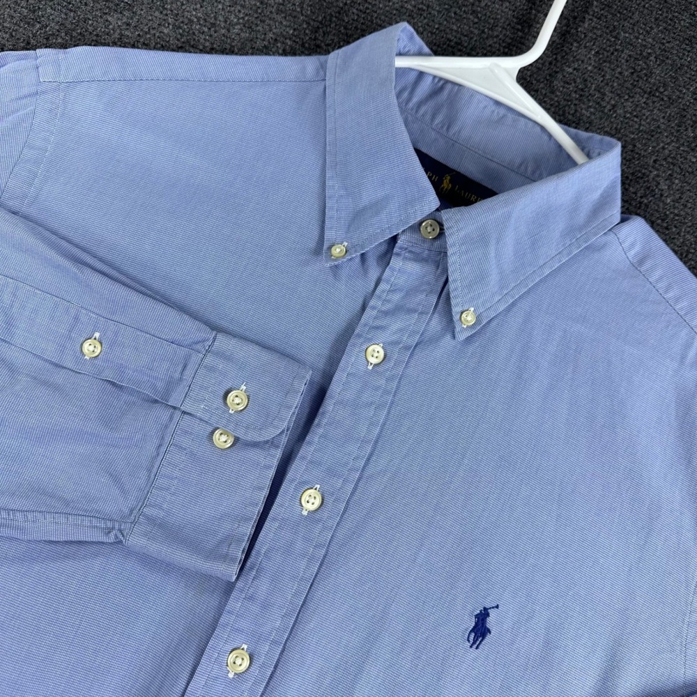 Ralph Lauren Button Down Mens‎ 17.5 34/35 Blue Micro Check Long Sleeve Shirt